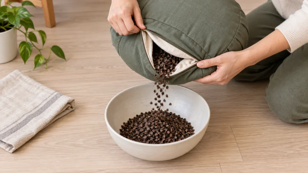 Hands remove a small amount of buckwheat hulls from an open cushion compartment into a wide bowl.