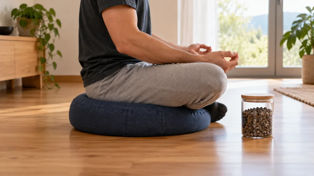 A person tests a floor cushion in a seated meditation position while excess hulls remain sealed nearby.