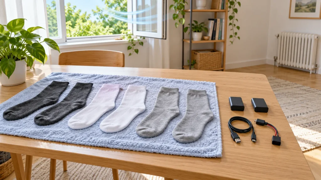 Heated socks laid flat on a towel to air-dry with batteries and connectors kept separate