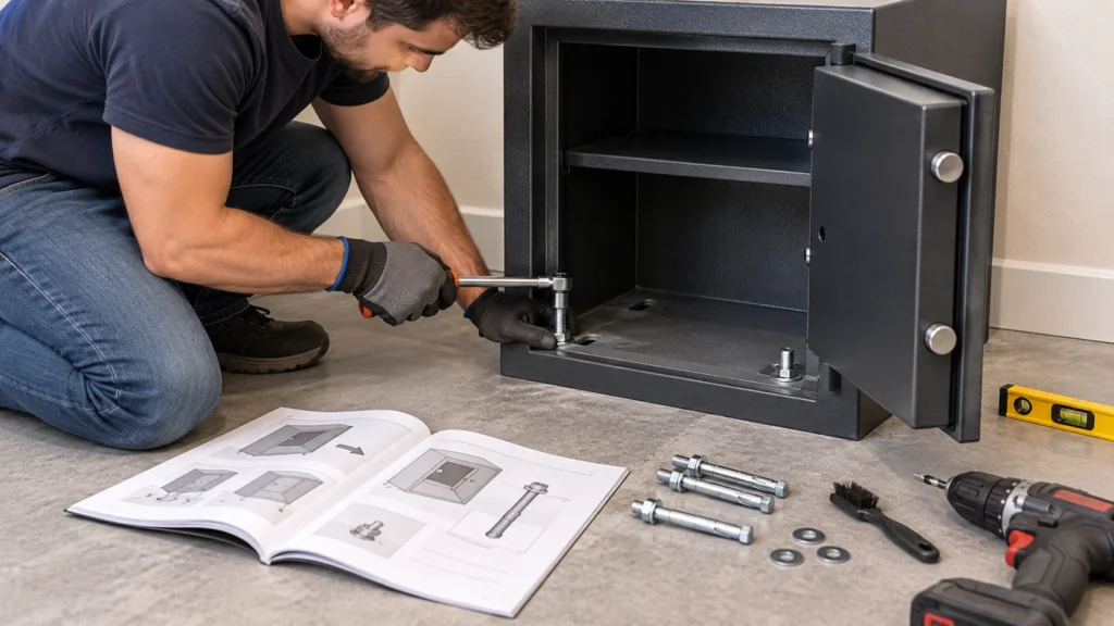 An installer carefully aligns a home safe at its mounting points