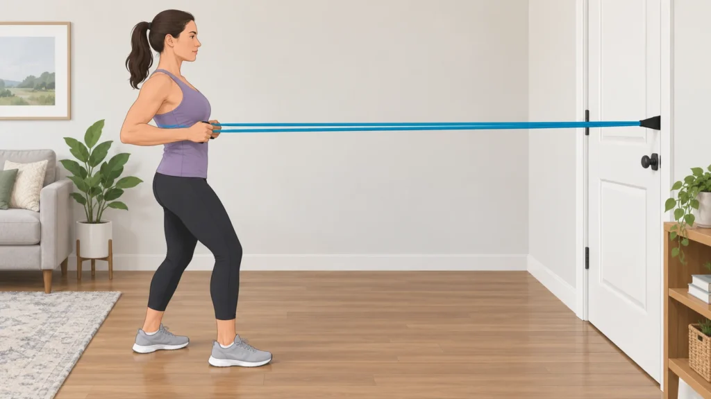 Person checking resistance-band alignment and movement clearance before exercise