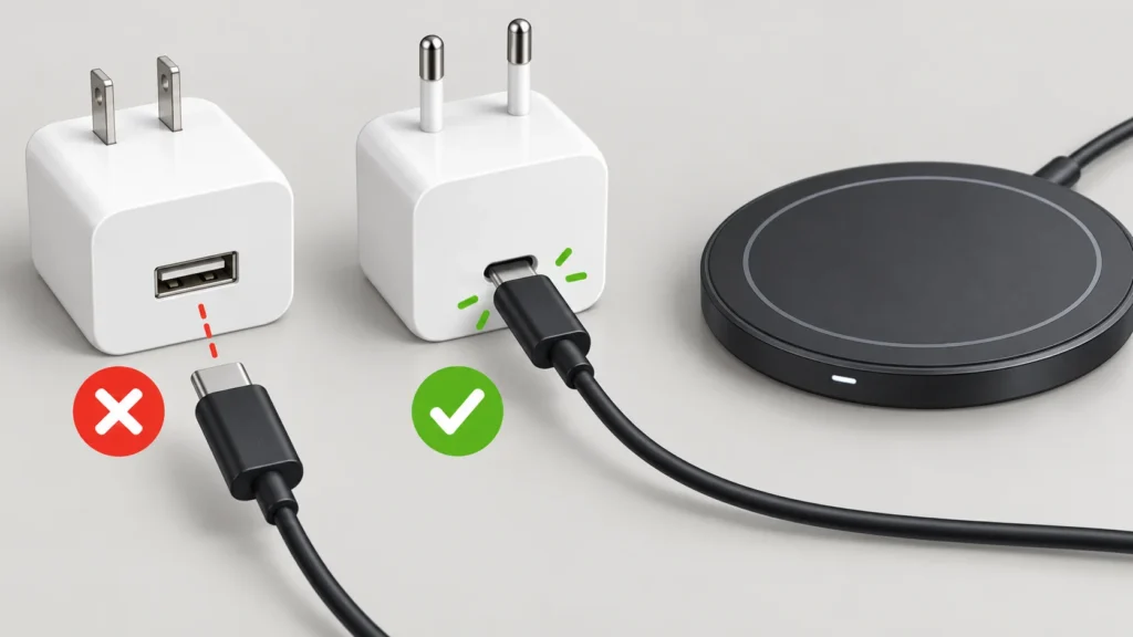 Two unbranded power adapters compared beside a wireless charging pad and cable