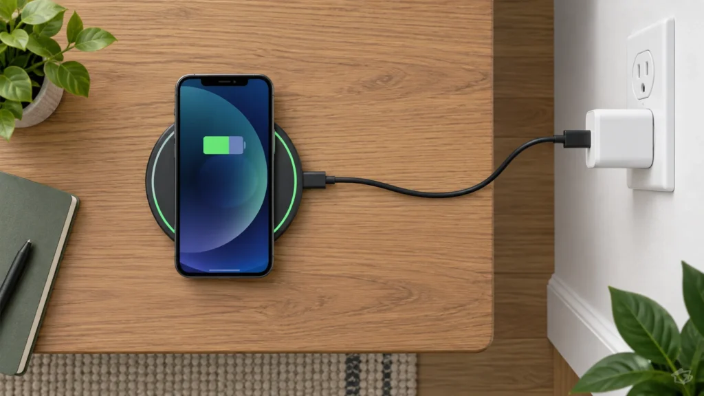Wireless charging pad connected by cable to a wall power adapter and outlet with a phone centered on the pad