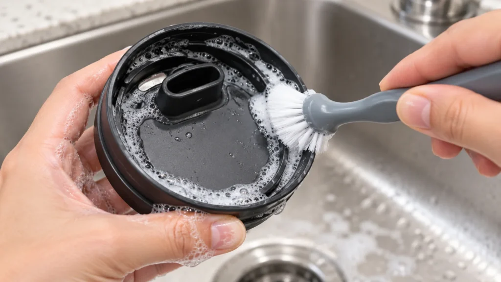 A small soft brush cleans an accessible groove beside a travel-mug lid drinking opening.