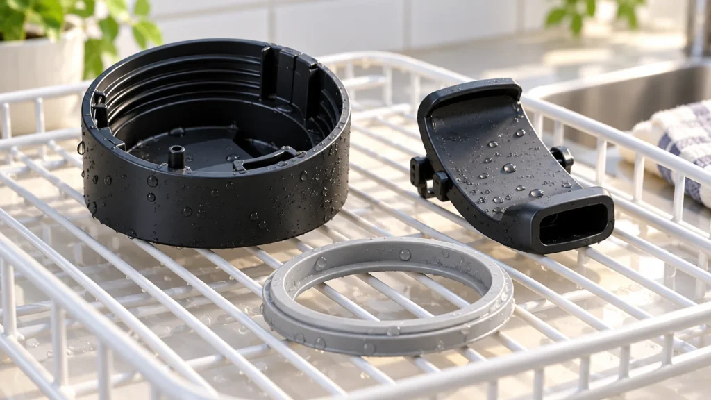A travel-mug lid and removable seal are separated on a rack to air-dry.