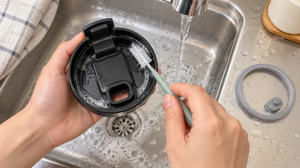 A soft brush cleans an accessible groove on a travel-mug lid beside a separately removed seal.