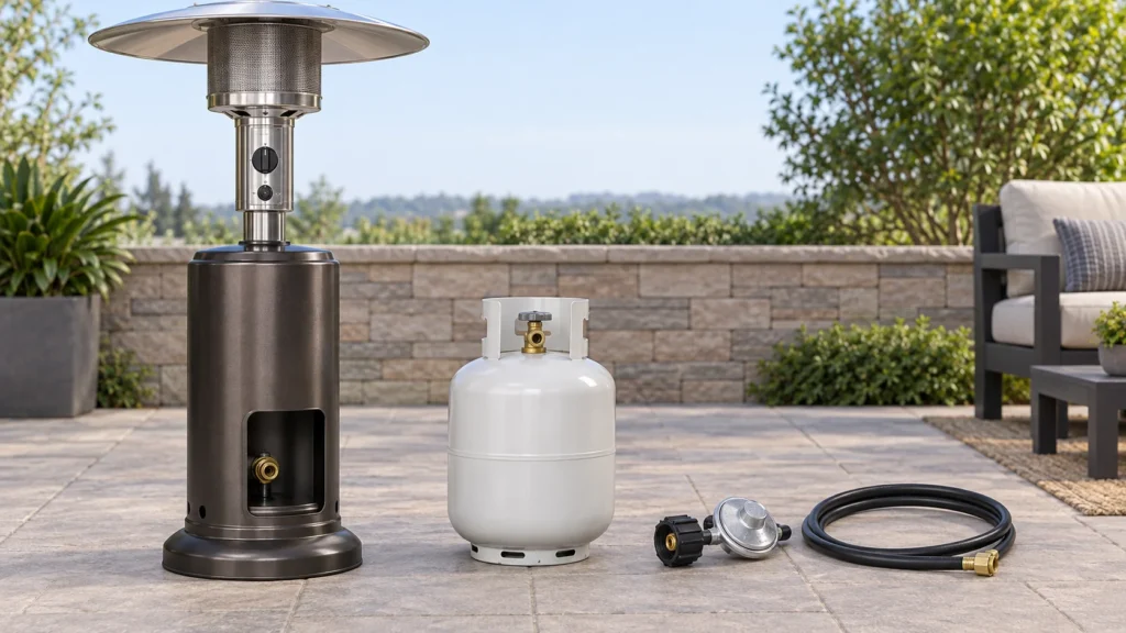 Unbranded patio heater, propane cylinder, regulator and hose arranged for a pre-connection compatibility check