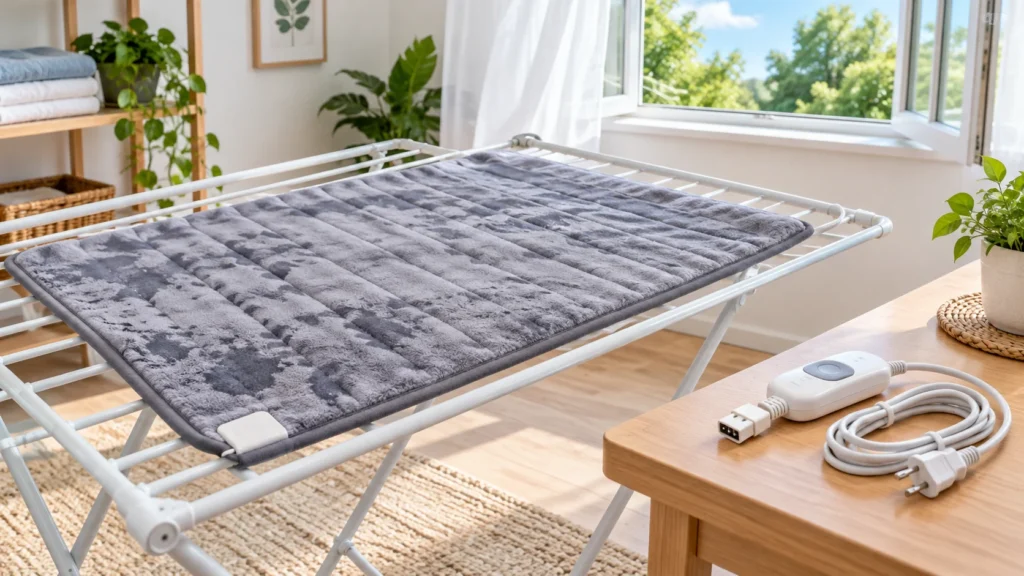 A heating pad air-drying flat, with its controller and cord set aside separately.