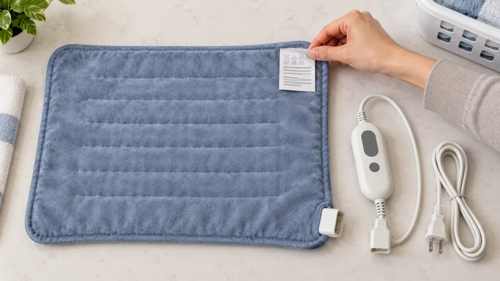 An unplugged heating pad with its detached controller beside it as a person checks the care label.
