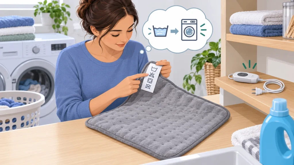A person checks an electric heating pad’s care label while keeping the unplugged controller and cord separate.