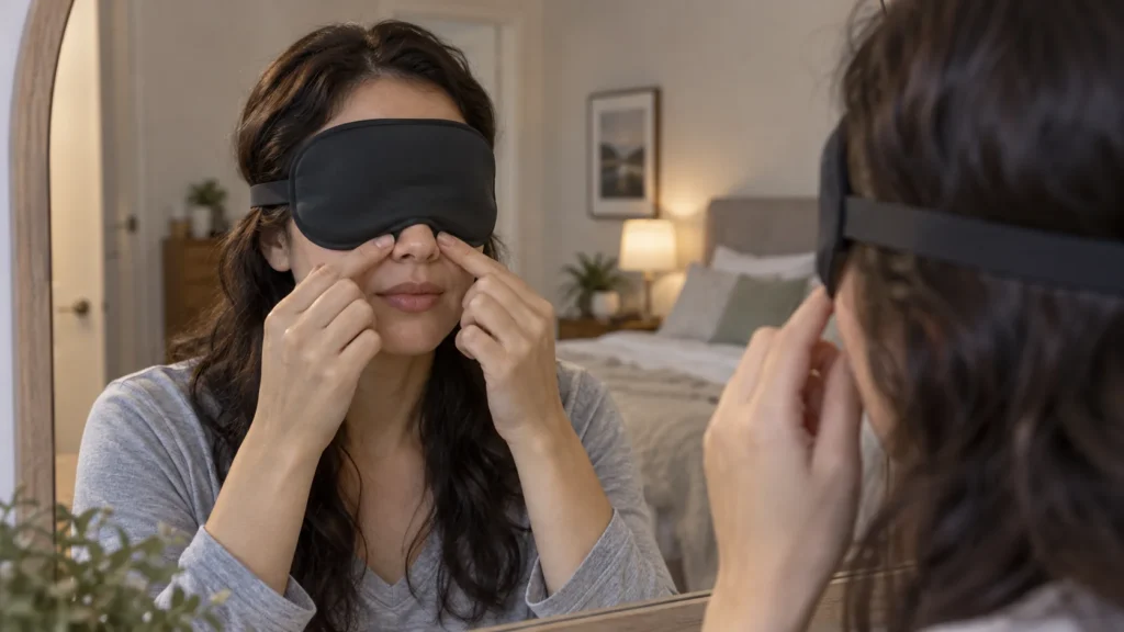 A person centers a sleep mask and checks how its nose edge sits.