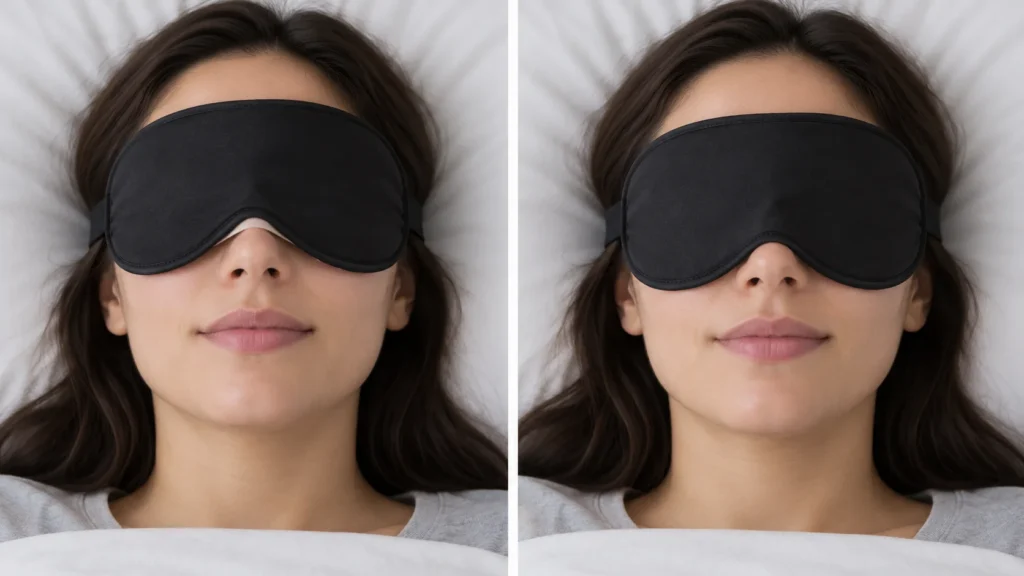 Two views illustrate how repositioning a sleep mask can change the fit at the nose.