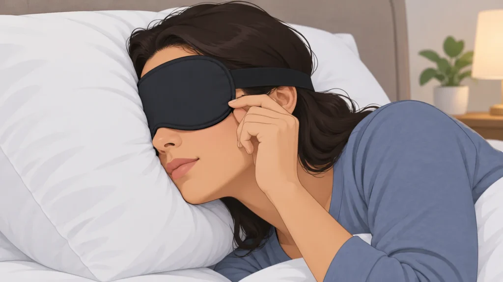 A person checks a sleep mask’s position while lying on a pillow.