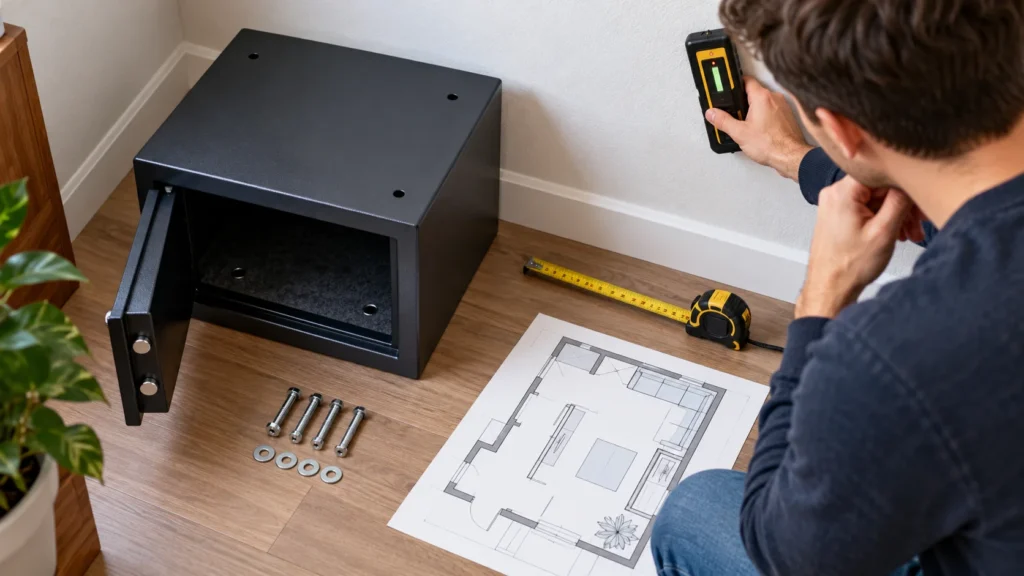 A person checks a safe location and possible hidden utilities before drilling