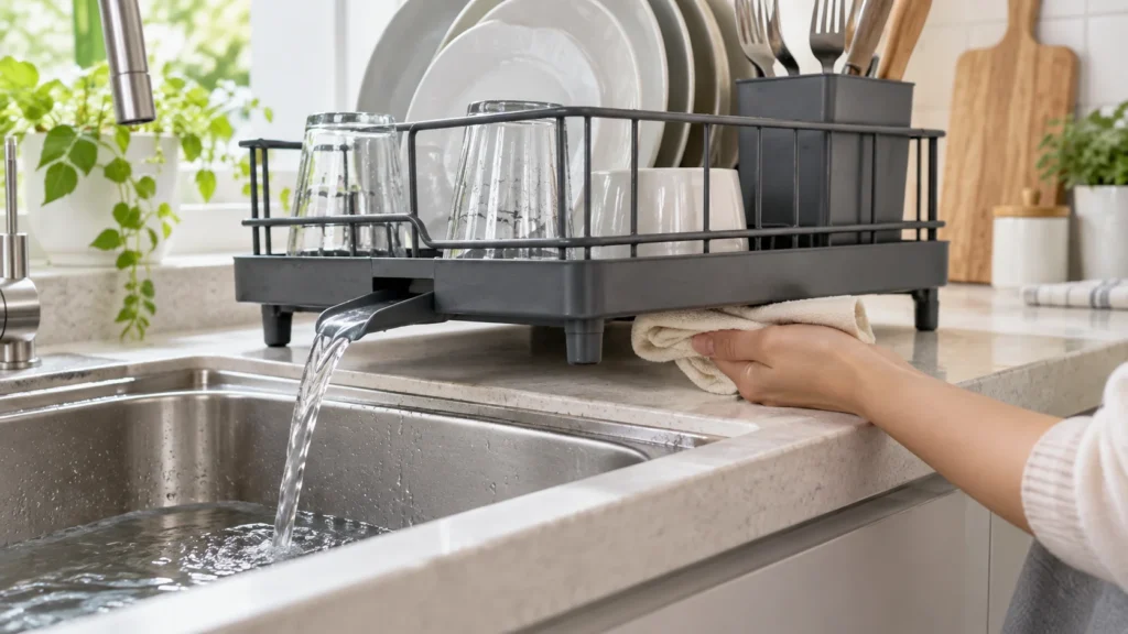 Generic dish drainer outlet positioned over a sink while the underside is dried with a cloth