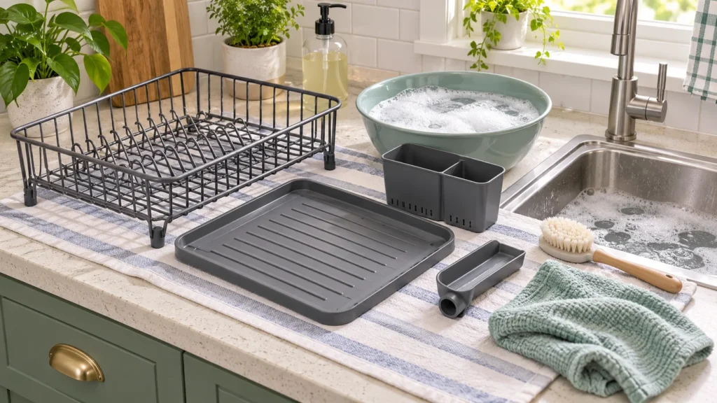 Unbranded dish drainer parts arranged beside warm soapy water and a soft cleaning brush