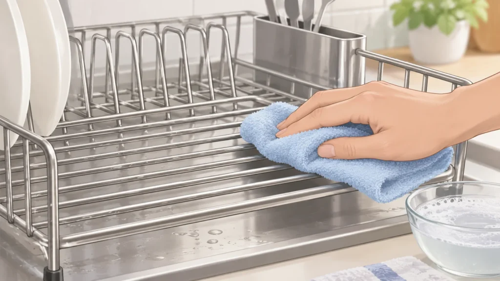 Soft cloth gently cleaning a generic metal dish drainer beside mild detergent solution