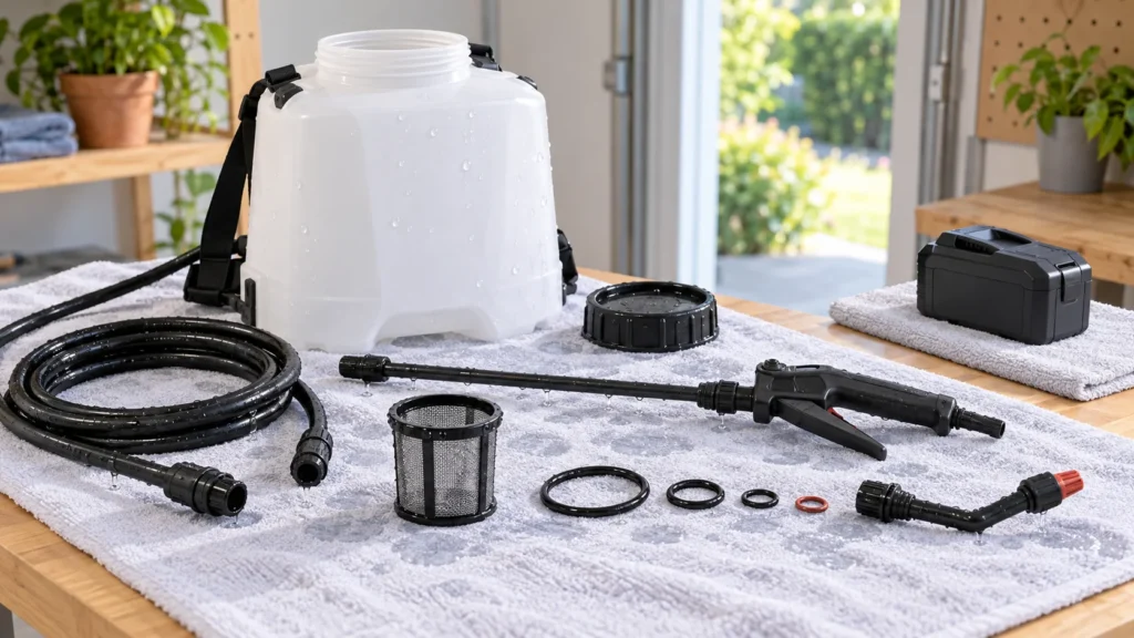 Electric sprayer components separated and drying before storage