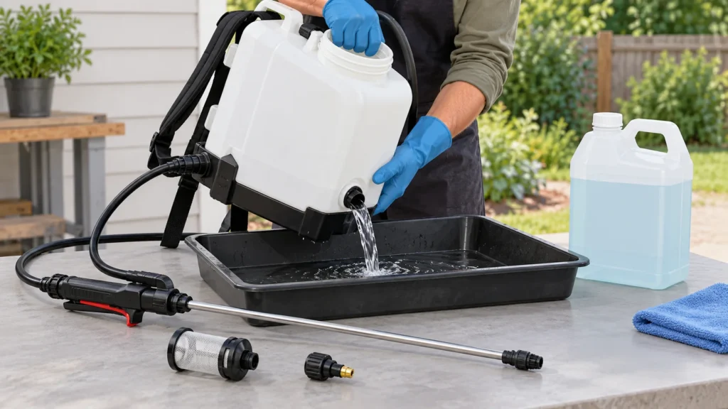 Electric sprayer parts arranged over a tray while the tank and nozzle are being rinsed
