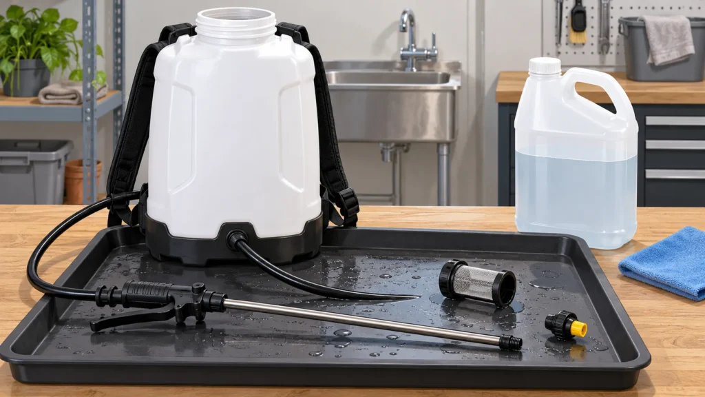 Electric sprayer parts arranged over a tray while the tank and nozzle are being rinsed