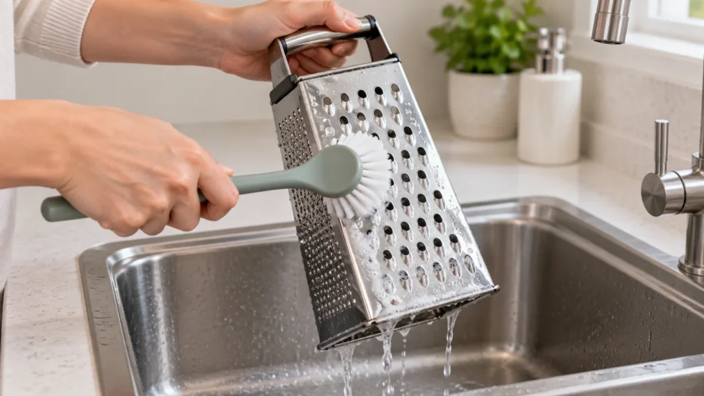A box grater is held by its handle while a dish brush cleans the cutting surface.