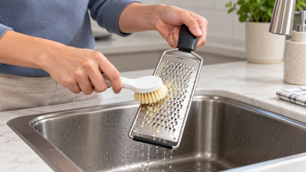 A handheld grater is held by its handle as a small brush removes cheese residue.