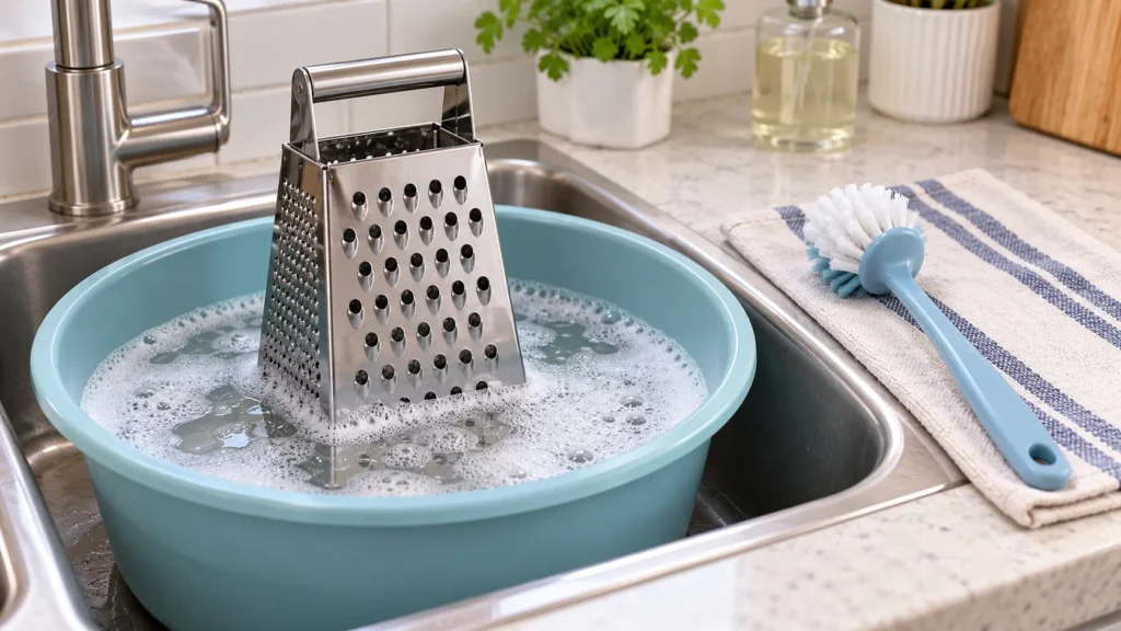 A box grater is soaking in soapy water beside a dish brush.