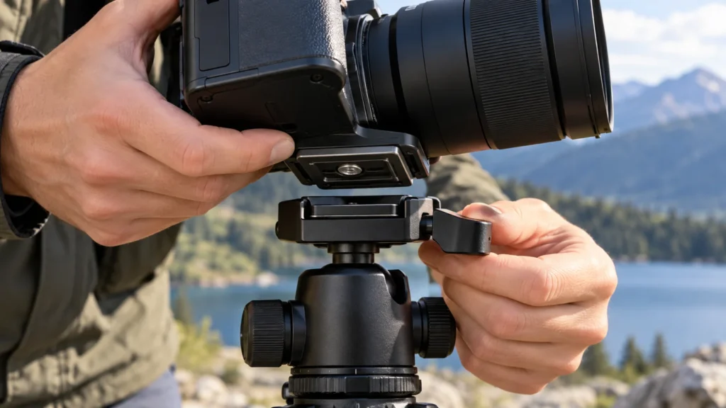 A photographer supports the camera while checking that its quick-release plate is seated in the tripod-head clamp.