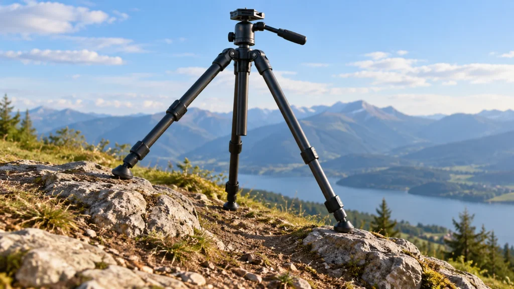 Tripod legs adjusted to place all three feet securely on uneven ground, with the center column lowered.