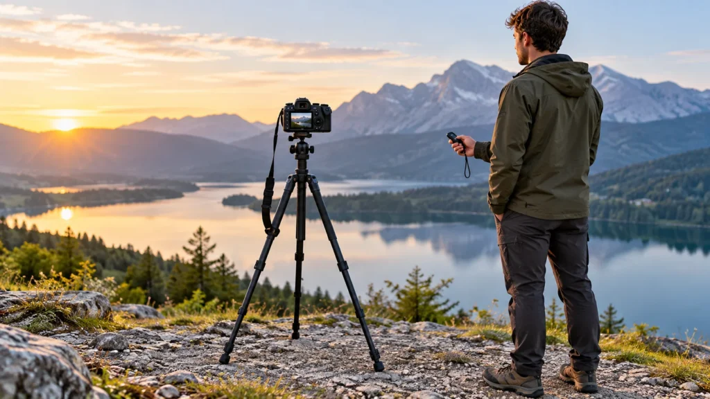 A photographer uses a remote release while standing clear of a secured camera and tripod.