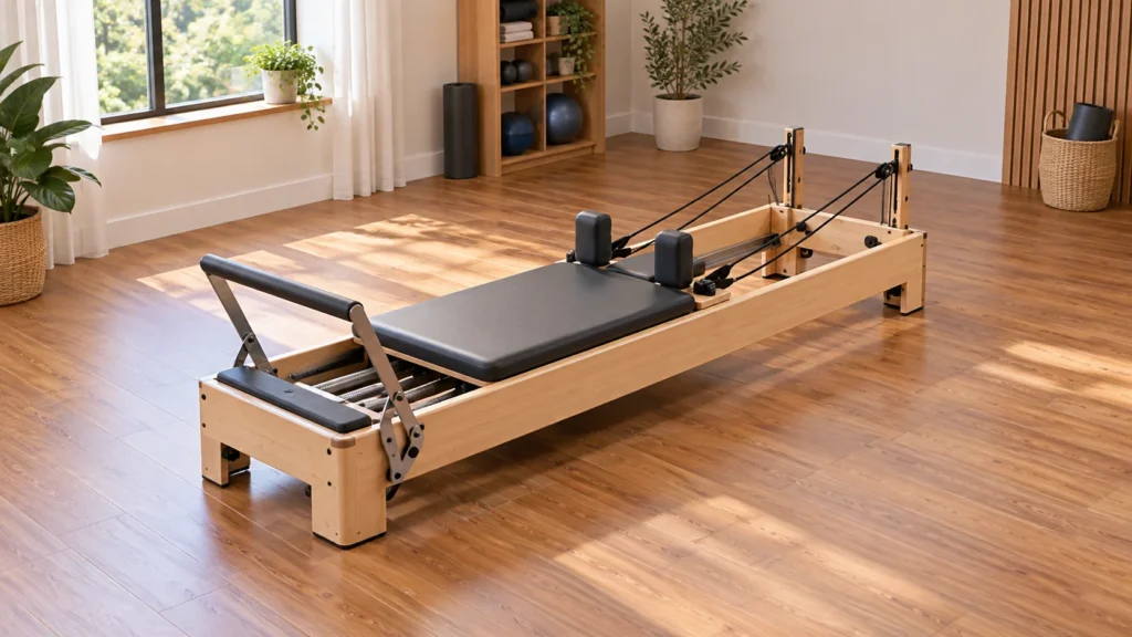 Pilates reformer on a level floor with clear space around the frame