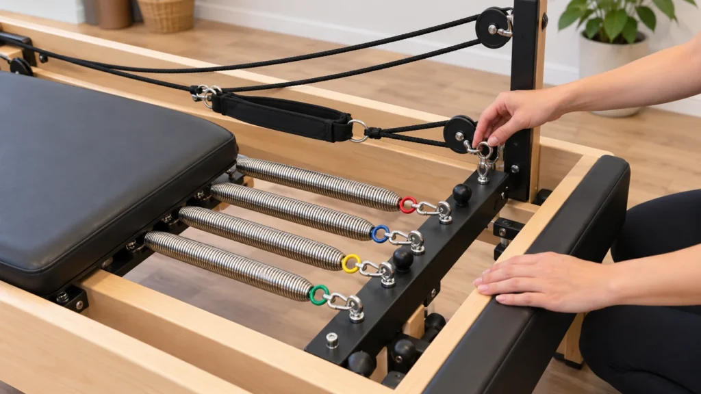 Hands visually checking reformer spring connections, ropes and straps