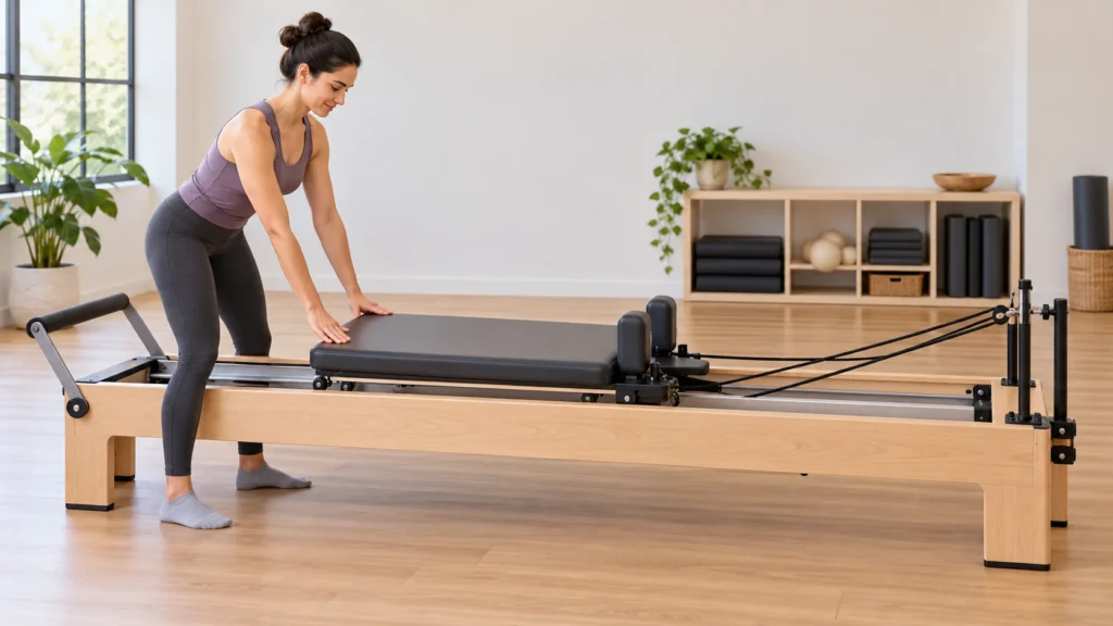 Person standing beside a reformer and carefully moving its unloaded carriage