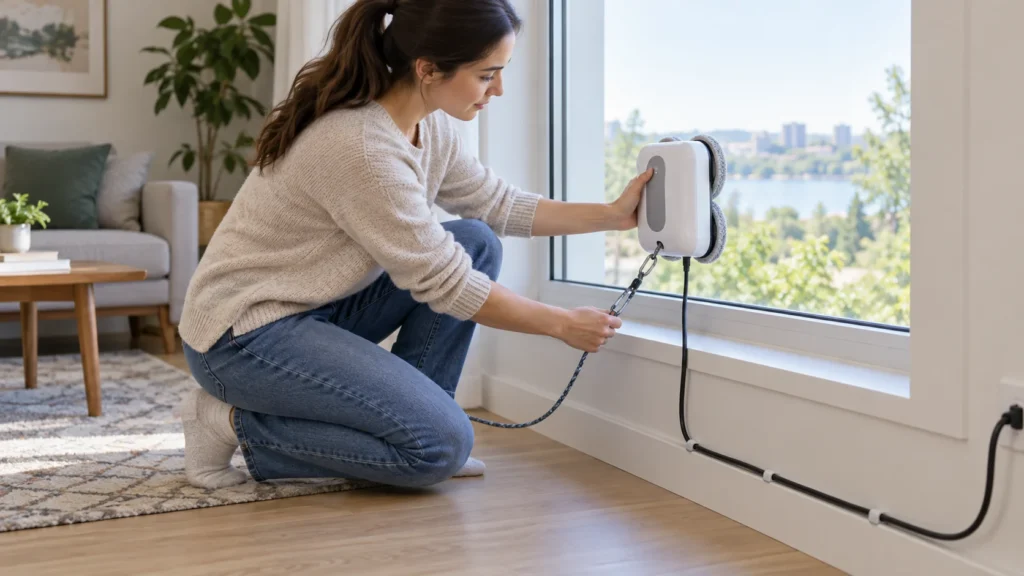 Person supporting a robot window cleaner while managing its safety tether during removal