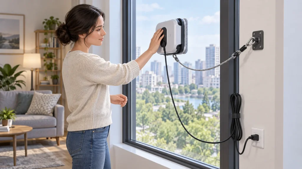 Person supervising a robot window cleaner attached to glass with a tether and managed power cable