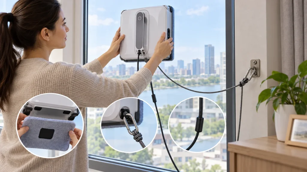 Robot window cleaner with fitted pad, attached tether and managed power cable before operation