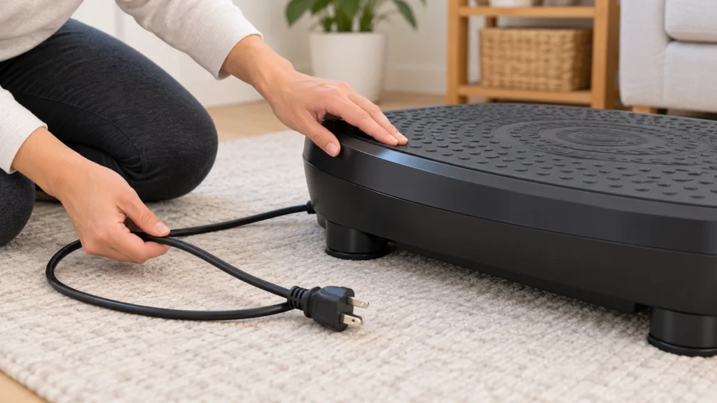 A person visually checks an unplugged vibration plate, its power cord, plug and platform for obvious damage.