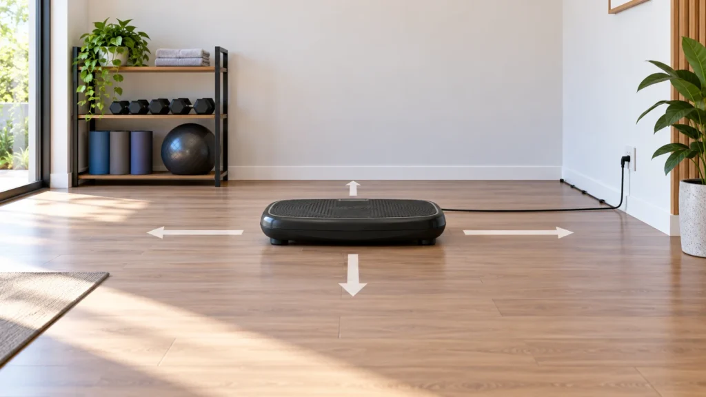 Unbranded vibration plate on a level floor with open step-on and step-off space and a cord routed away from the walking path.