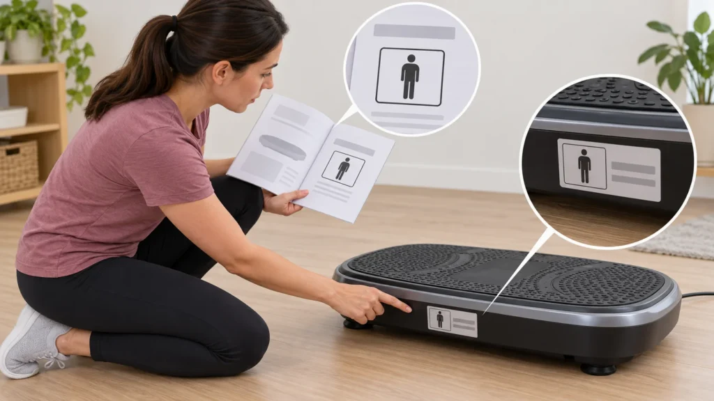 A person compares an unbranded vibration plate's model label with its manual before use.