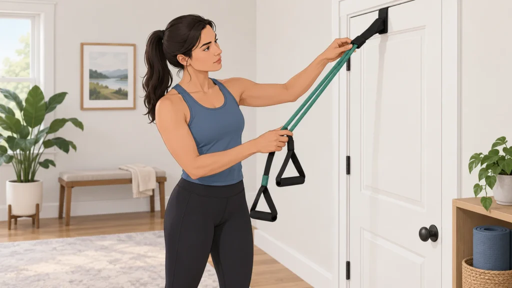 Person inspecting a resistance band and door anchor before a home workout