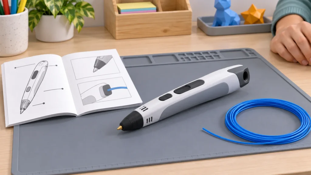 A generic 3D pen rests on a work surface beside filament and its manual, with the nozzle left untouched.