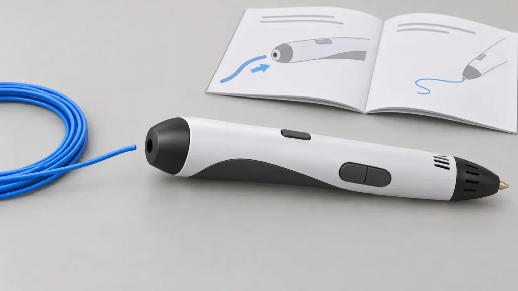 A loose filament strand is aligned near the rear feed opening of a generic 3D pen, without being forced inside.