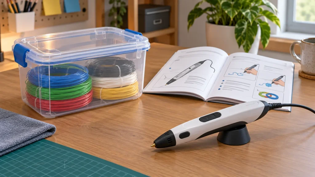 A generic 3D pen and its manual sit beside filament stored in a closed container.