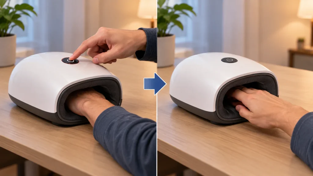 A person removing a hand from an unbranded massager after switching it off