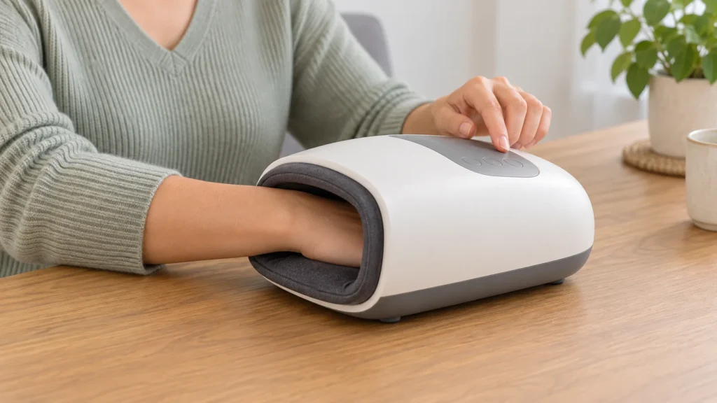 A hand resting inside an unbranded hand massager beside its controls