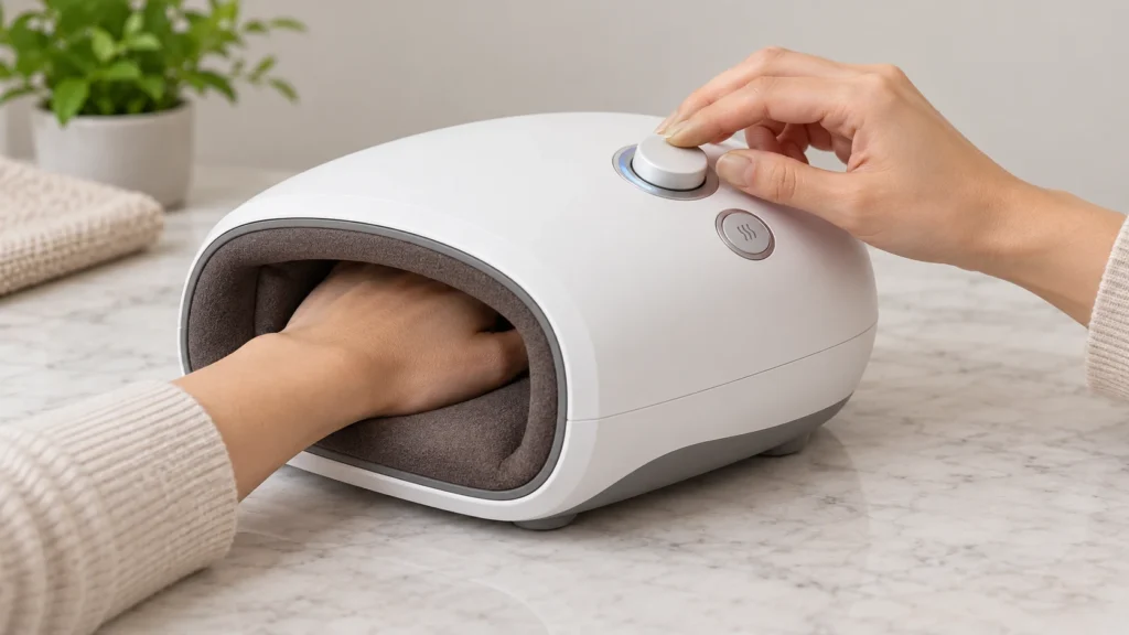 A relaxed hand in an unbranded massager as one control is adjusted and heat remains off