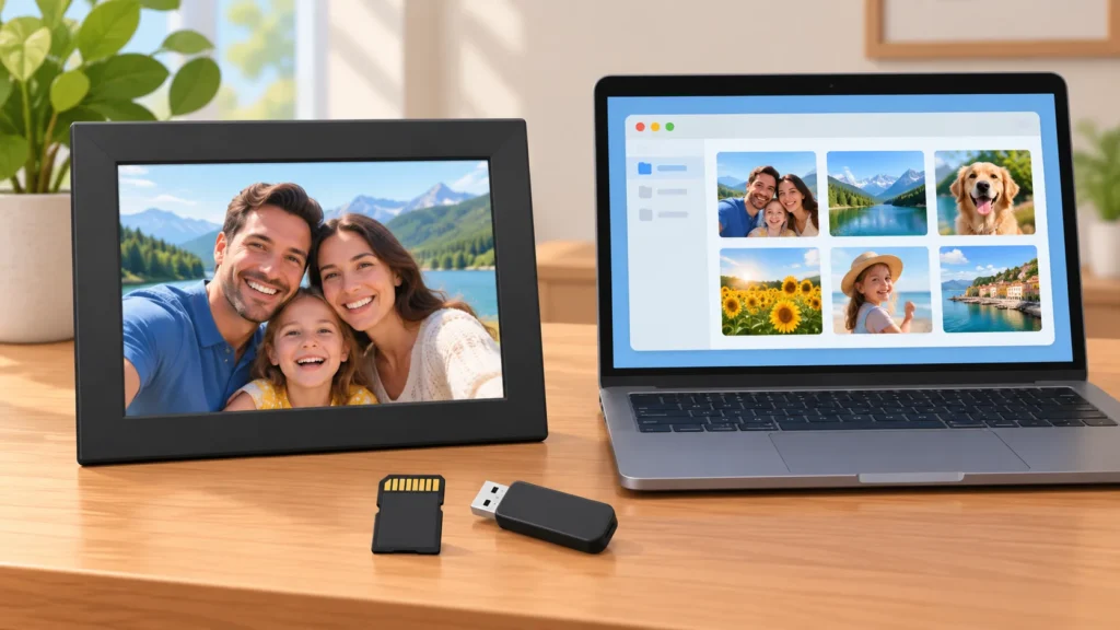 A digital picture frame, memory card, USB drive and laptop with photo thumbnails arranged together