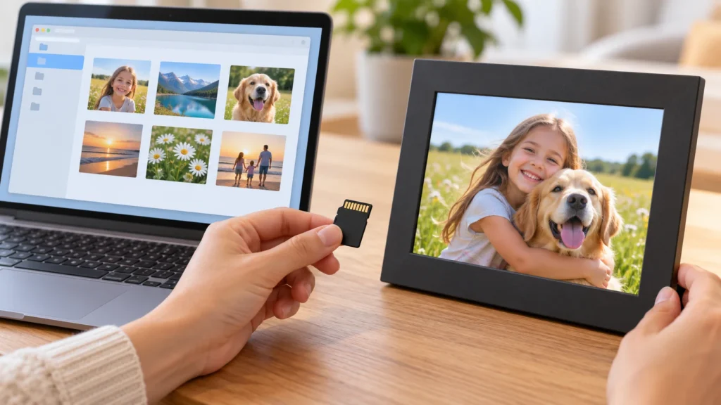 A person prepares a small set of photo files and a memory card beside a digital picture frame