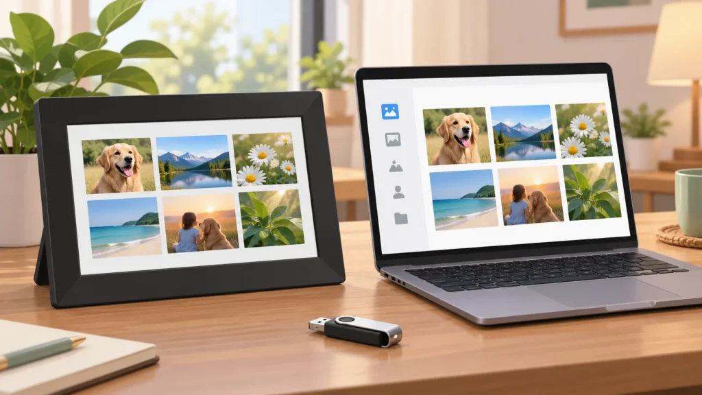 A digital picture frame and laptop arranged for checking photo files when an import fails