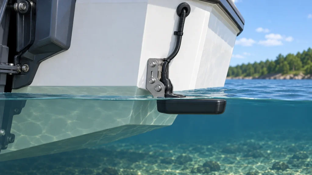 Illustration of a transom transducer aligned with the water surface and its cable routed clear of an edge.